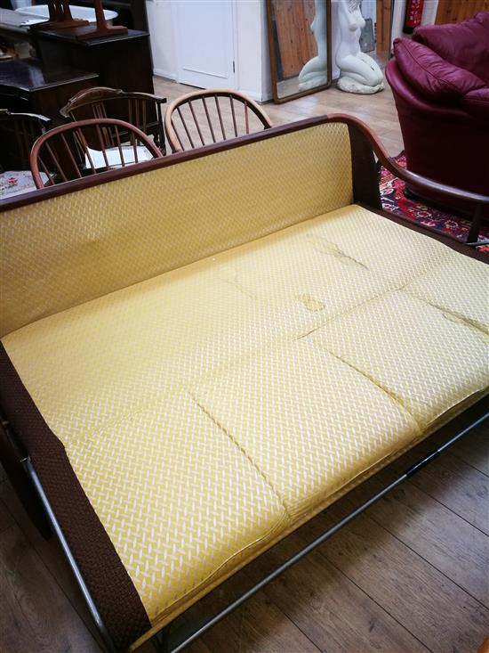 A mid century Greaves and Thomas put-you-up davenport sofa bed and two chairs W.205cm